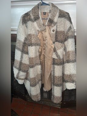 SHEIN Cream and Brown Plaid Teddy Coat